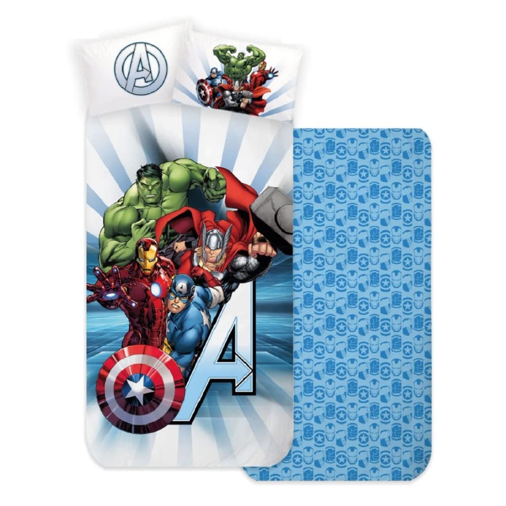 DISNEY-MARVEL Completo lenzuola, set 3 pezzi, sotto con angoli, sopra, federa, 100% Cotone