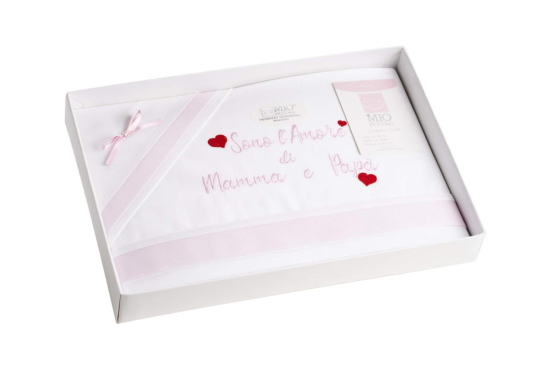 MIO PICCOLO lenzuola culla/passeggino cotone ricamato "sono l'AMORE di MAMMA e PAPA'" - Cassaniti