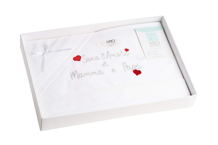 MIO PICCOLO lenzuola culla/passeggino cotone ricamato "sono l'AMORE di MAMMA e PAPA'" - Cassaniti