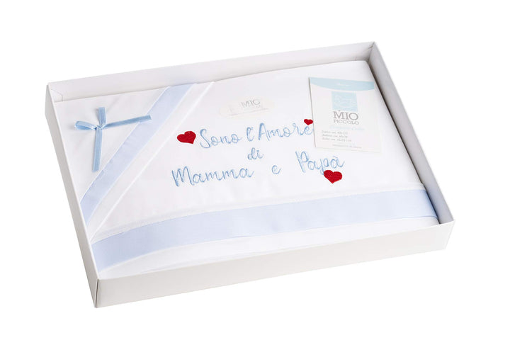 MIO PICCOLO lenzuola culla/passeggino cotone ricamato "sono l'AMORE di MAMMA e PAPA'" - Cassaniti