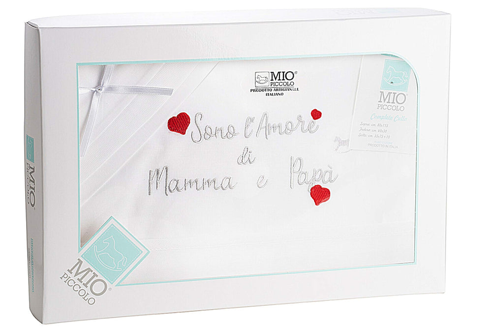 MIO PICCOLO lenzuola culla/passeggino cotone ricamato "sono l'AMORE di MAMMA e PAPA'" - Cassaniti