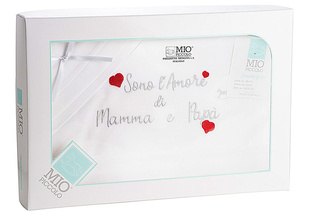 MIO PICCOLO lenzuola culla/passeggino cotone ricamato "sono l'AMORE di MAMMA e PAPA'" - Cassaniti