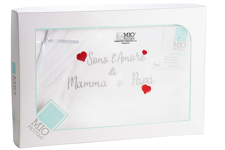 MIO PICCOLO lenzuola culla/passeggino cotone ricamato "sono l'AMORE di MAMMA e PAPA'" - Cassaniti