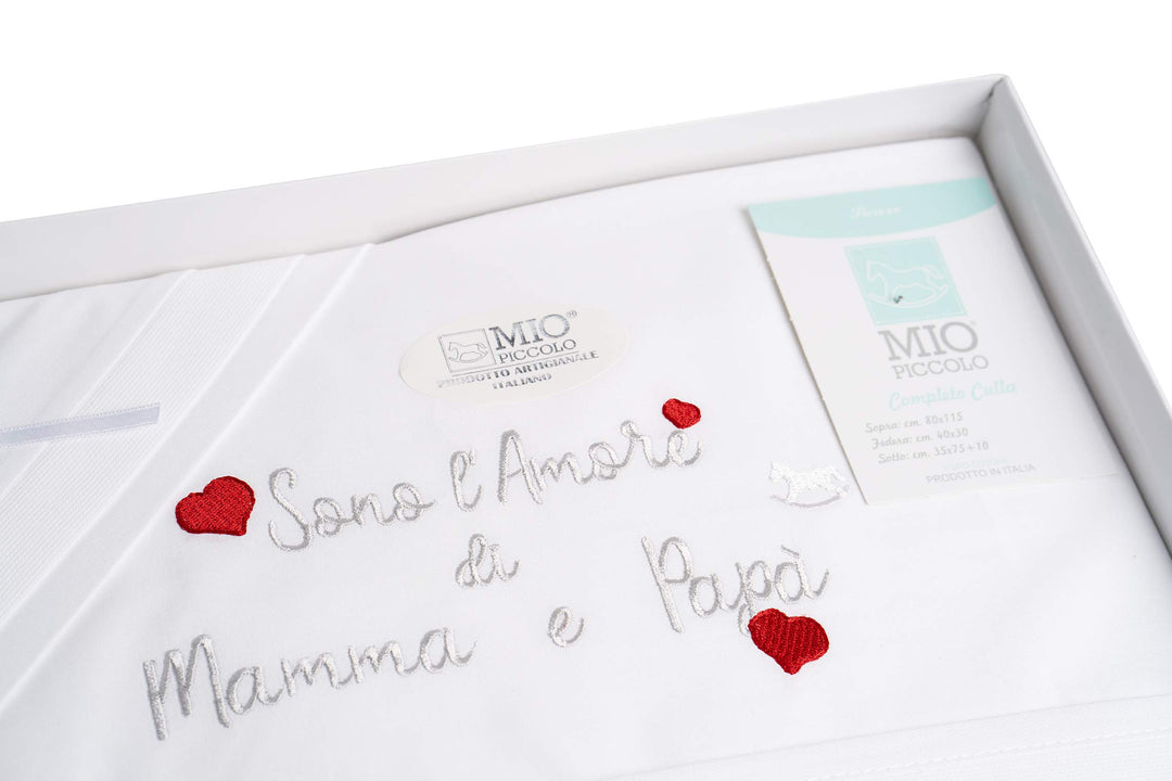 MIO PICCOLO lenzuola culla/passeggino cotone ricamato "sono l'AMORE di MAMMA e PAPA'" - Cassaniti