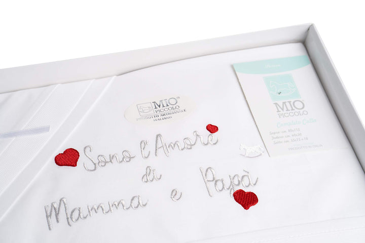 MIO PICCOLO lenzuola culla/passeggino cotone ricamato "sono l'AMORE di MAMMA e PAPA'" - Cassaniti