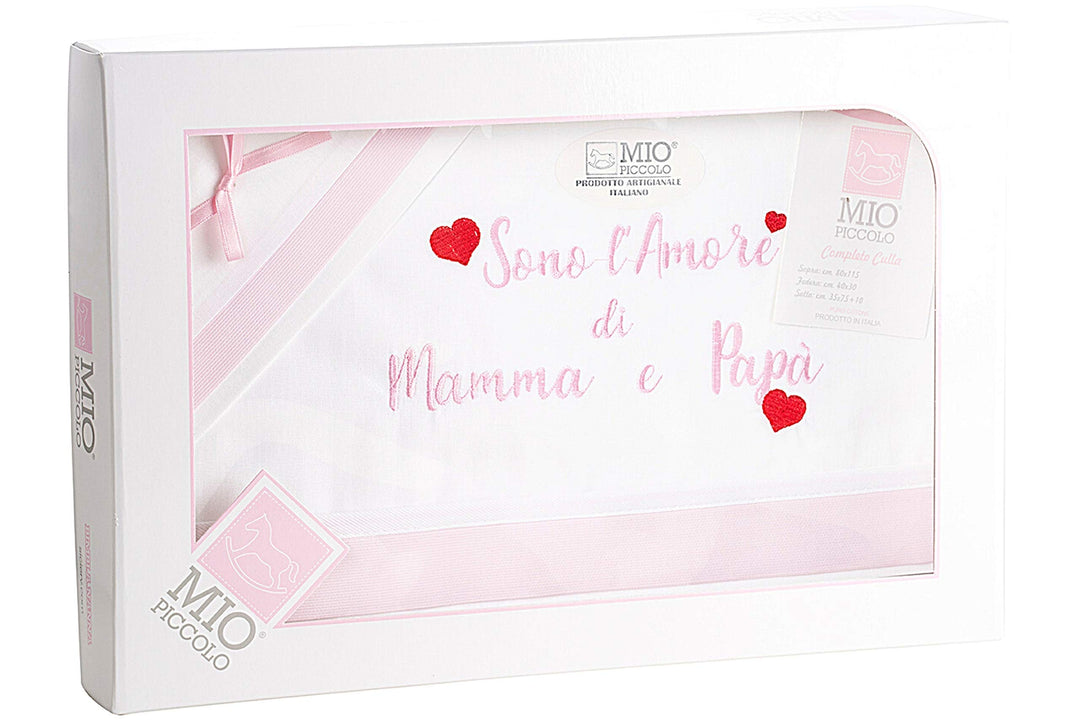 MIO PICCOLO lenzuola culla/passeggino cotone ricamato "sono l'AMORE di MAMMA e PAPA'" - Cassaniti