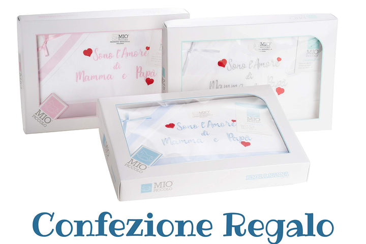 MIO PICCOLO lenzuola culla/passeggino cotone ricamato "sono l'AMORE di MAMMA e PAPA'" - Cassaniti