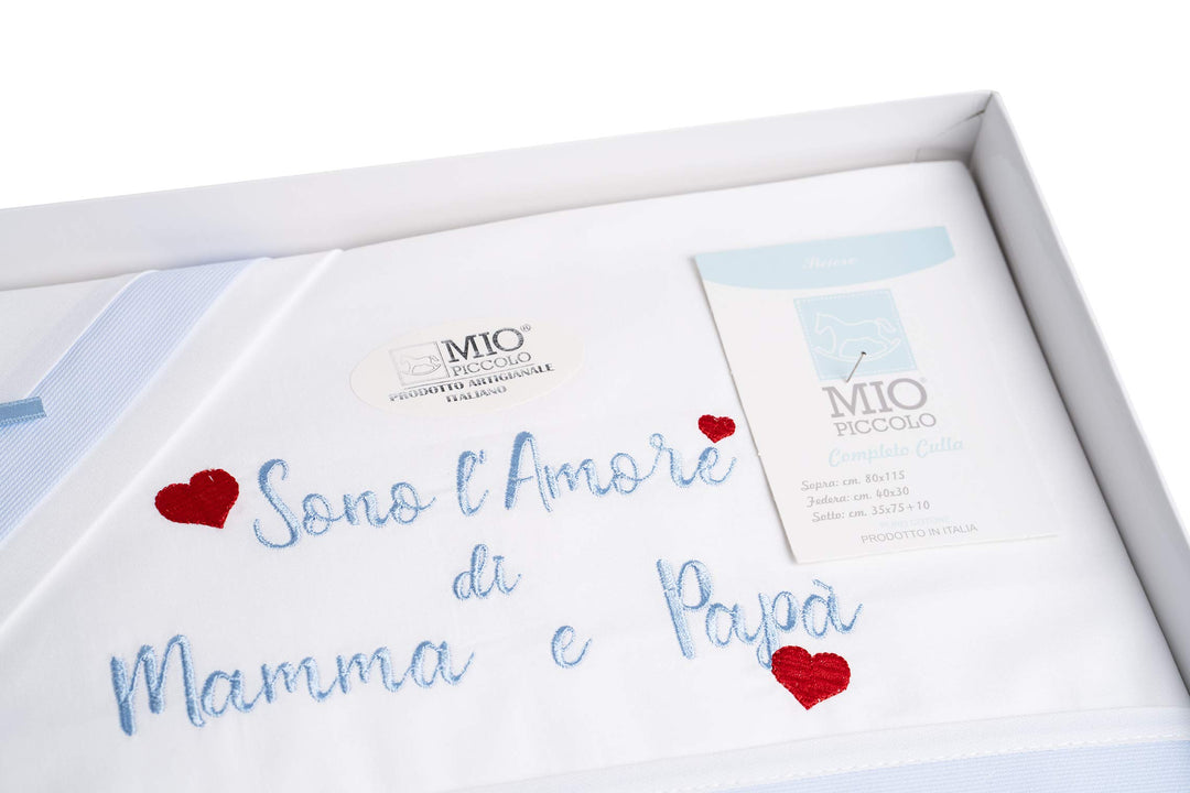 MIO PICCOLO lenzuola culla/passeggino cotone ricamato "sono l'AMORE di MAMMA e PAPA'" - Cassaniti