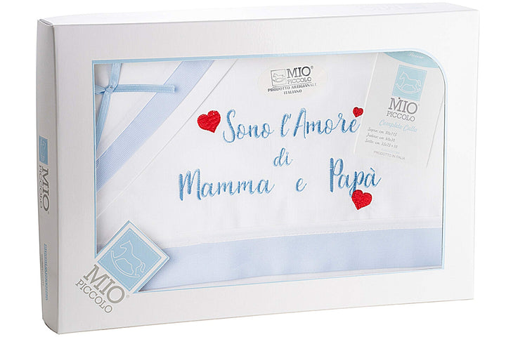 MIO PICCOLO lenzuola culla/passeggino cotone ricamato "sono l'AMORE di MAMMA e PAPA'" - Cassaniti