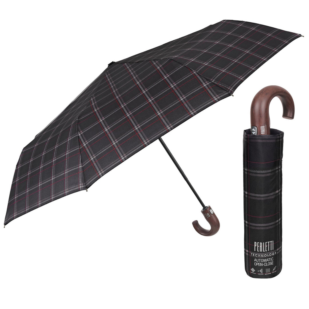 PERLETTI Ombrello Technology Apri e Chiudi Tartan con Manico Curvo Art. 21827
