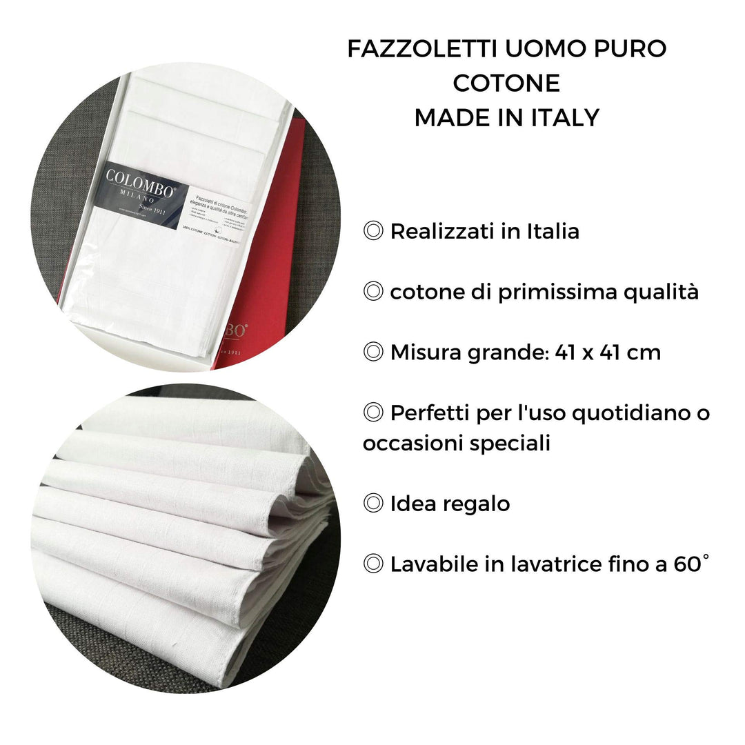 COLOMBO – 12 Fazzoletti da Uomo Bianchi/Colorati in Finissimo Cotone 100% Art. RENO