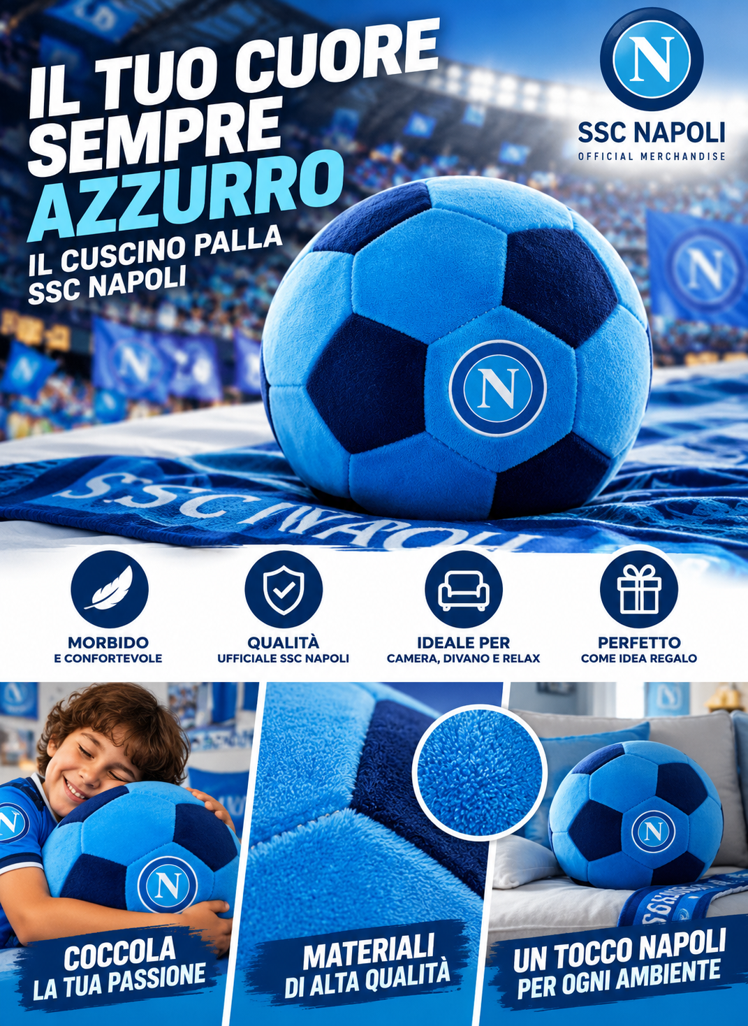 SSC NAPOLI Cuscino Palla Ufficiale Ø 22 cm – Azzurro